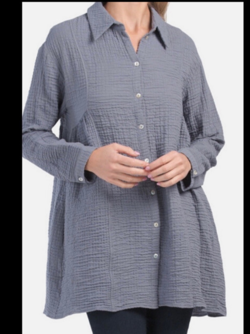 Zara Women Crinkled Button-Down Long Sleeve Shirt Tunic Slate Blue size XL